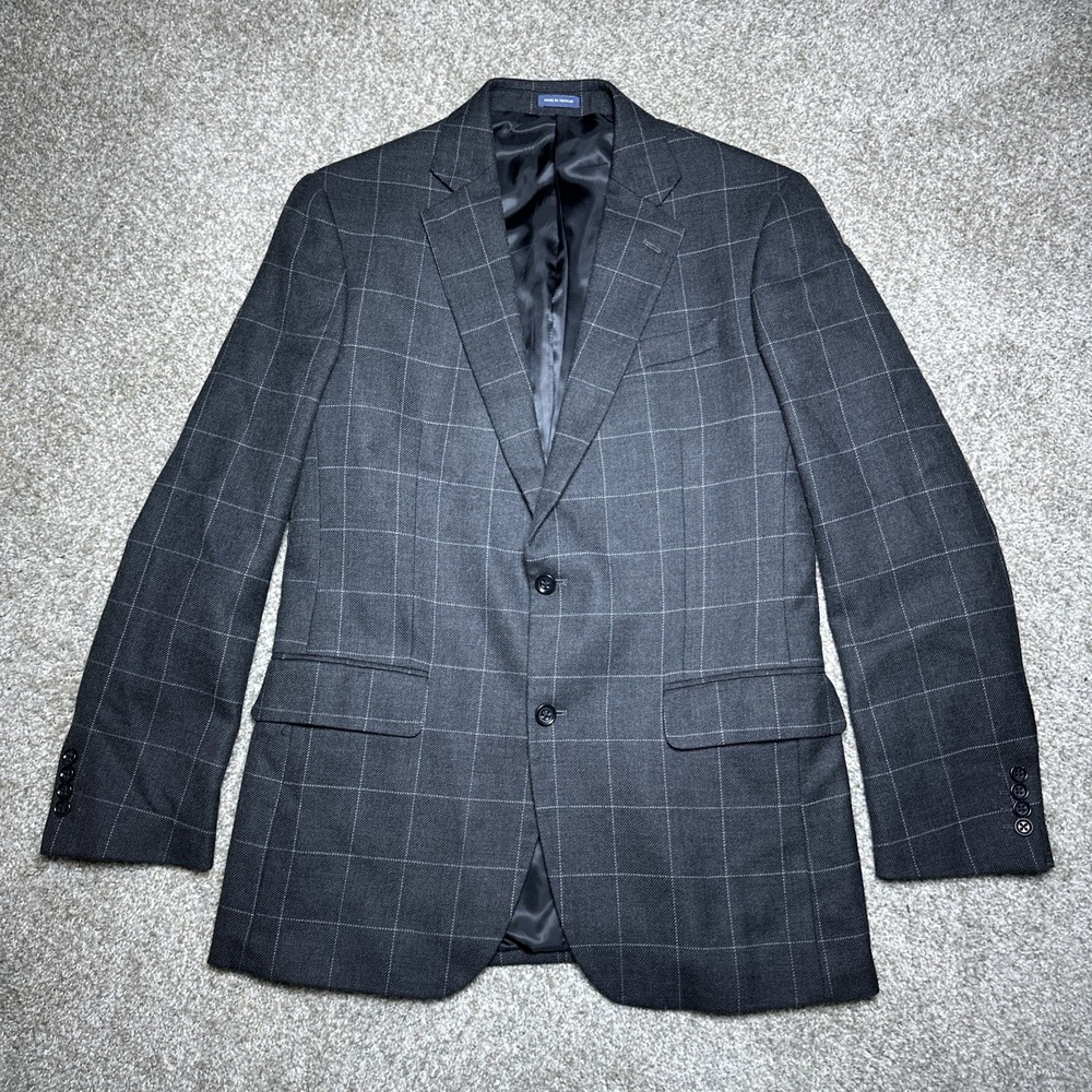Stafford Merino Wool Sport Coat Mens 40L Long Wool Flannel Windowpane Blazer